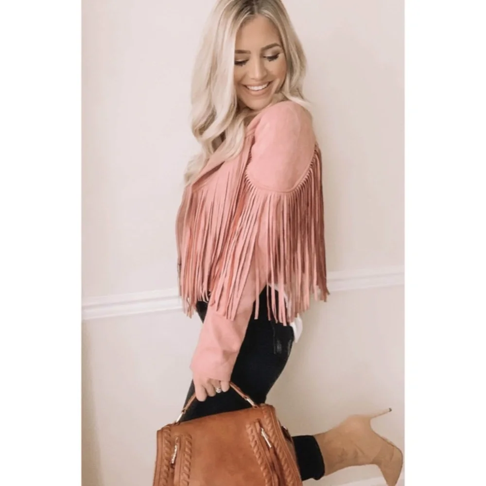 SOLD OUT Mauve Pink Faux Leather Suede Fringe Cropped Western Boho Moto Jacket - Picture 3 of 4